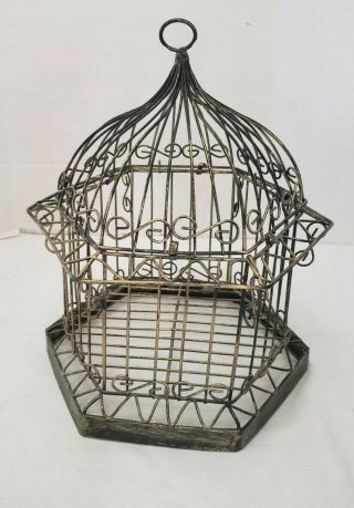 Vintage Silver Metal Wire Hanging Bird Cage Hexagon 13 " X 8.  5 "