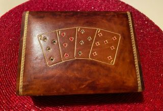 Vintage Leather Playing Card Box With Gold - Trimmed Card Design,  Made In Italy