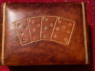 Vintage Leather Playing Card Box with Gold - Trimmed Card Design,  Made in Italy 2