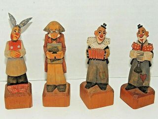(4) Germany Oberammergau Wood Carved Painted Figures (2) Clowns,  Scholar,  Bunny