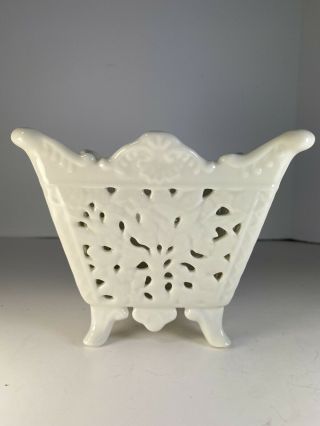 White Porcelain Reticulated Jardiniere Cachepot Planter 5.  25” X 4.  5” H