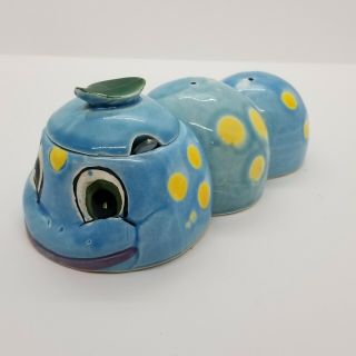 Vintage Blue Caterpillar Sugar Bowl With Lid Spoon Salt And Pepper Shakers Japan