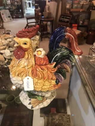 Vintage Majolica Colorful Rooster Teapot Chick On Back Fitz And Floyd ?