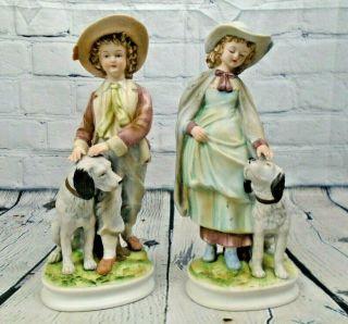 Vintage Pair Andrea By Sadek Boy & Girl With Dogs Porcelain 9.  5 " Figurines 7154