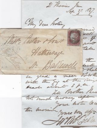 1847 Qv Cover With A 4 Margin 1d Penny Red Stamp Sent To Hathersage,  Letter