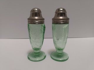 Jeanette Glass Uranium Green Poinsettia Pedestal Salt & Pepper Shakers Vaseline