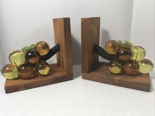 Vintage Mid Century Modern Amber/yellow Lucite Grape Wood Bookends.  3b