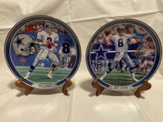 Dallas Cowboys Troy Aikman Bowl Plates W/ Wooden Stands Bowl 27 & 28
