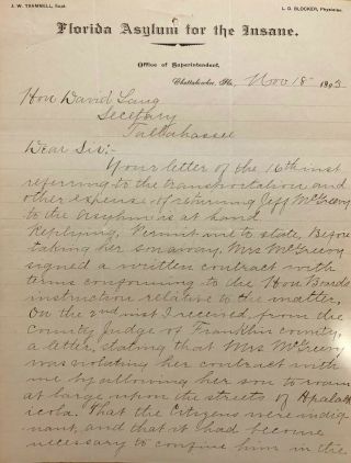 Florida Asylum For The Insane Manuscript Letter,  J.  W.  Trammell Supt.  Nov.  1893