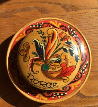 Norway Hand Painted Rosemaling Turned Wood Bowl Norwegian Footed With Lid Red