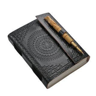 Black Handmade Paper Notebook With Leather Cover 7x5 " Wooden Pen
