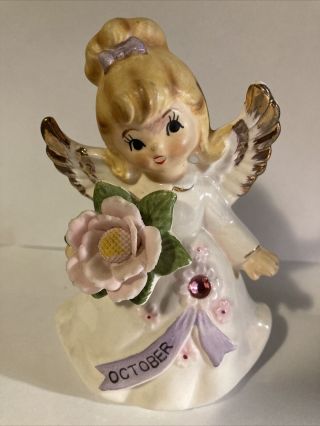 Vintage Lefton 6224 October Birthday Girl Angel Figurine Rhinestone Japan