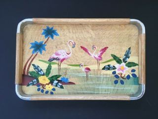 Vintage Hand Painted Retro Wood Serving Tray W/ Pink Flamingos & Palm Trees