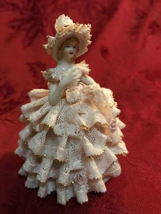 Dresden Style Porcelain Lace Figurine Lady In Pink Dress Gold Accents