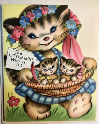 Vintage Greeting Card Get Well Tabby Cat Kittens In Basket Cute Anthropomorphic