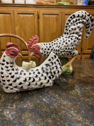 Pair Fitz And Floyd Ff Classics Speckled Black And White Rooster & Hen Figurines