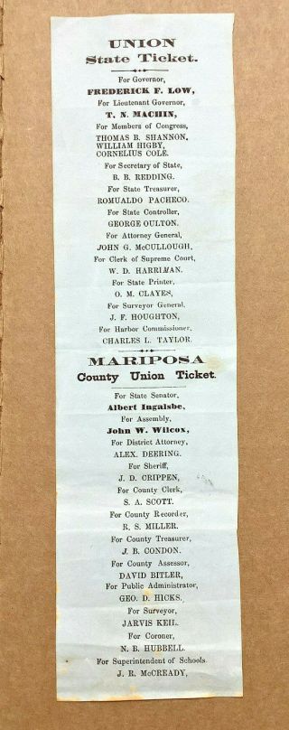 Mariposa County California Union Ticket 1863 Governor Frederick Low