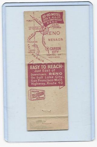 HI - HO MOTEL (MOTOR LODGE) 1940 ' s MATCHCOVER,  RENO,  NEVADA 2