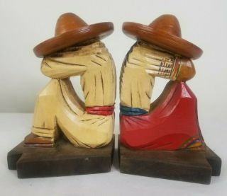 Vintage Folk Art Carved Wooden Mexican Siesta Sleeping Man & Woman Bookends