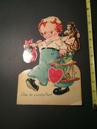 Vintage Large Valentine Card Germany,  Mechanical,  Moving Eyes,  Monkey,  Sailor