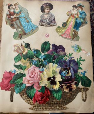 Victorian Scrapbook Die Cut Embossed Scrap Fox Rabbits Pansies Roses 1800’s
