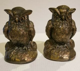 Vintage Pair Owl Cast Metal Brass Toned Bookends By A.  C.  R.  Ltd.  Chicago 1970 