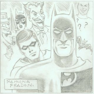 Signed Ramona Fradon Dc Comics Art Sketch Batman Robin Catwoman Joker