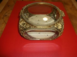 Estate Find Vintage Large Ormolu Jewelry Casket Box Filigree Beveled Glass