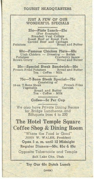 Hotel Temple Square Coffee Shop Restaurant Menu: Salt Lake Utah Ut - 1940s