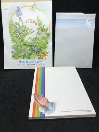 Vtg Stationery Letter Note Pads Bible Verse Paper Ephemera Floral Fantasy Garden