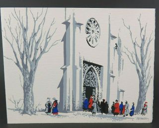 Red Stable Hand Screened Mid Century Christmas Card,  Winter Church Scene,