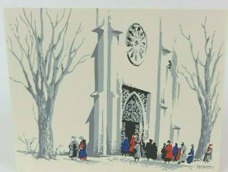 Red Stable Hand Screened Mid Century Christmas Card,  Winter Church Scene, 2