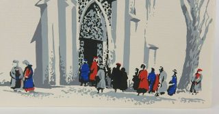 Red Stable Hand Screened Mid Century Christmas Card,  Winter Church Scene, 3
