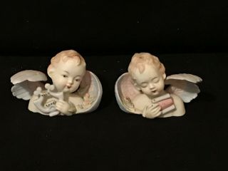 Vintage Pr Lefton Bisque Porcelain Angel Cherub Figures Hand Painted Provenance