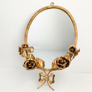 Vintage Oval Wall Mirror Metal Gold Roses Hanging