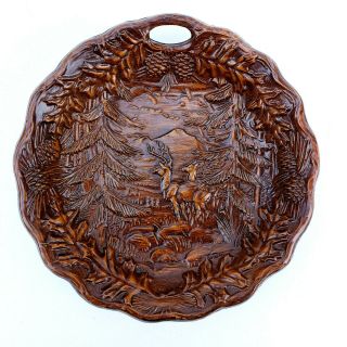 Vintage Syroco Faux Wood Grain Bowl With Pine Trees & Deer Forest Woodland