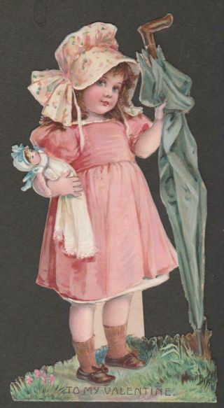 Early Embossed Shape Valentine Girl W Doll & Umbrella Stand - Up Nister C1915 Vg
