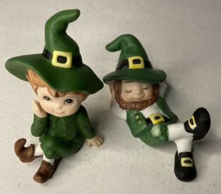 Lefton St.  Patrick’s Day Irish Leprechaun Pixie Elf Figurines - Vintage Set Of 2