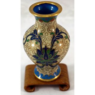 Lovely Miniature Cloisonné Vase With Lotus Flower Decoration And Wooden Stand