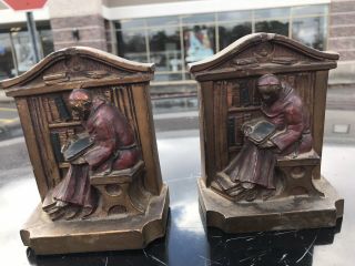 Antique L.  V.  Aronson Ronson Cast Metal Bookends Monk Friar Reading