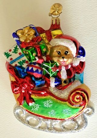 Christopher Radko Glass Santa Bear In Sleigh Present Lrg Christmas Tree Ornament