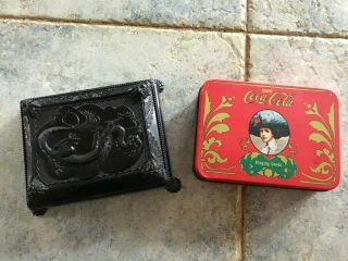 2 Playing Card Holders: Vintage Cruver Celluloid Black Dragon And Coca Cola