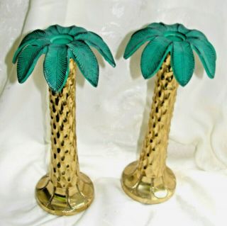 Vintage Brass Palm Tree Candle Sticks Holders Lacquered Brass Forever Lovely 10 "