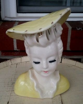 Vintage Lady Head Vase With Yellow Hat Long Eyelashes - Napco
