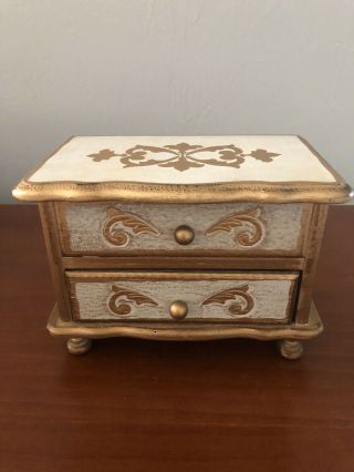 Vintage Wooden Dresser Music Box Made In Japan Jewelry Chest 2 Drawer Gilded