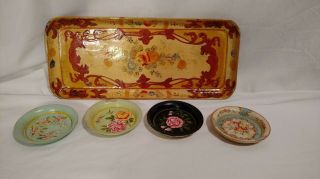 Vintage Paper Mache Alcohol Proof Tray With 4 Coasters,  Floral Painted,  Japan