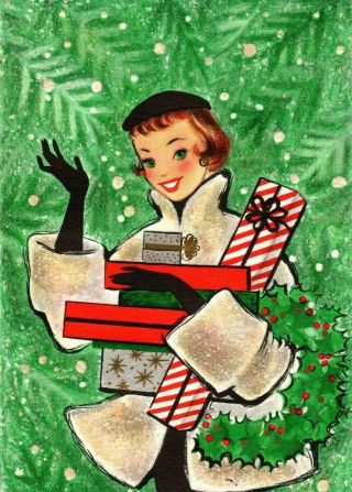 Hallmark Pretty Girl Lady Woman Glitter Shop Vtg Christmas Greeting Card