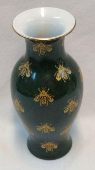Andrea By Sadek Bumble Bee Green Vase Handpainted Gold Bees 10 " Tall Porcelain
