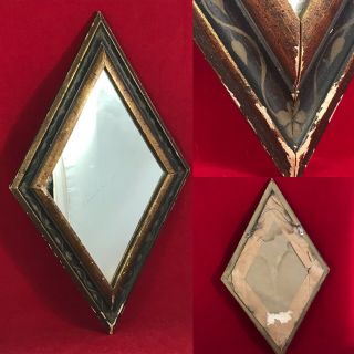 Antique Wooden Frame Diamond Mirror Floral Printed Very Old Wall Hanging A,