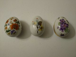 Set Of 3 Vintage Limoges Egg Shaped Trinket Boxes Porcelain Floral Spring Easter